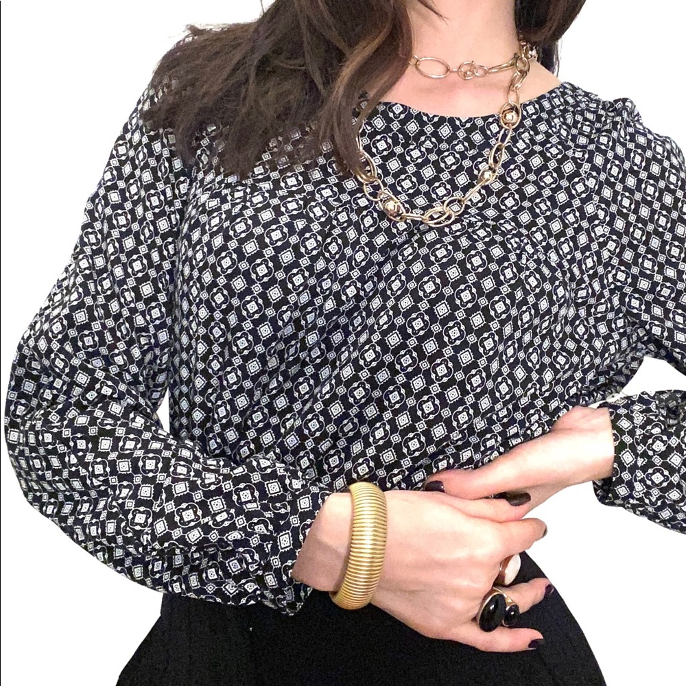 Navy and cream print blouse with gathered sleeved